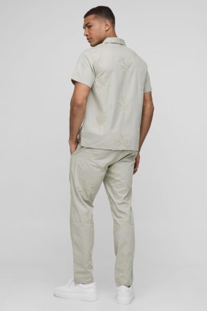 Regular Revere Short Sleeve Leaf Embroidered Shirt & Tapered Trouser Set