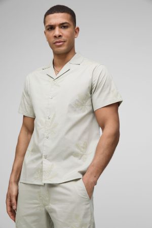 Regular Revere Short Sleeve Leaf Embroidered Shirt & Tapered Trouser Set
