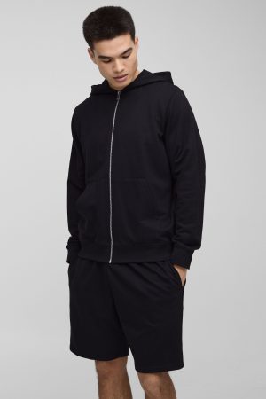 260GSM Loopback Basic Regular Fit Zip Through Hoodie and Relaxed Fit Short Set