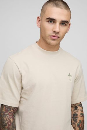 Regular Fit Embroidered Cross Extended Neck T-Shirt