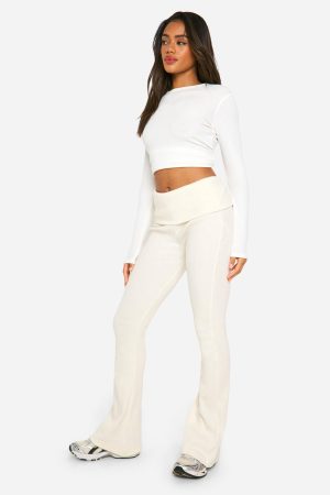 Brushed Rib Foldover Waistband Flare Trousers