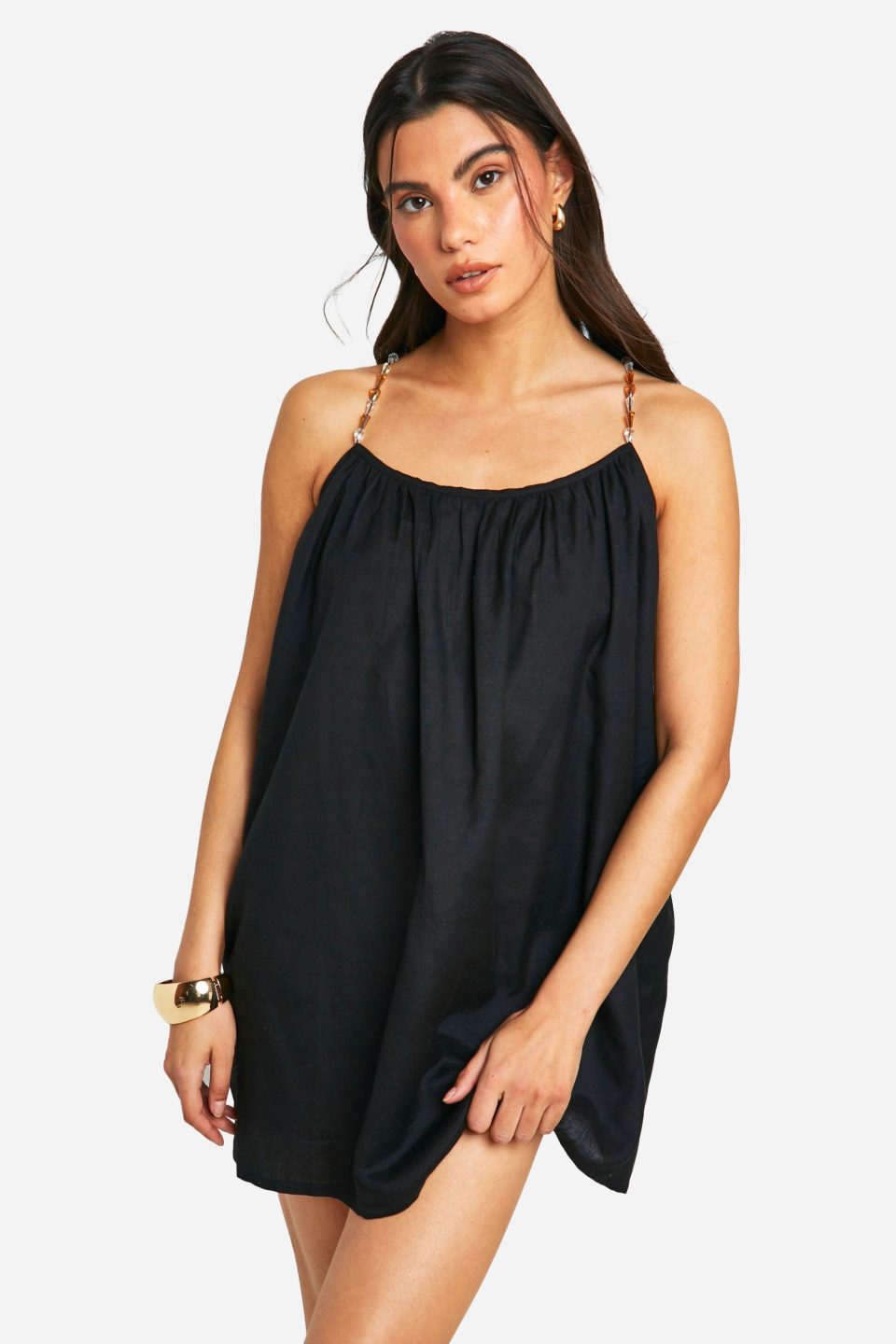 Beaded Strap Linen Look Mini Dress