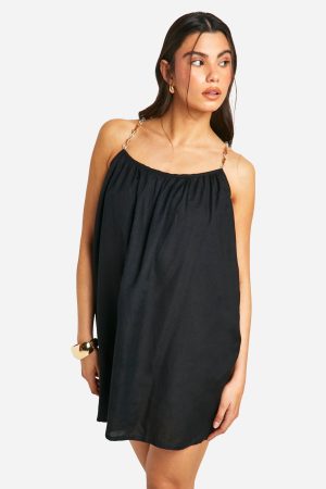 Beaded Strap Linen Look Mini Dress