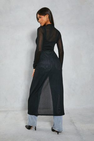 Sheer Knit Button Detail Maxi Cardigan