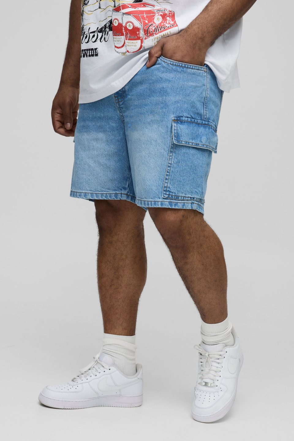 Plus Slim Rigid Cargo Denim Shorts