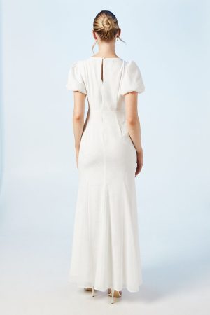 V Neck Puff Sleeve Satin Jacquard Wedding Dress