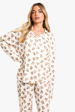 Bear Print Long Sleeve Shirt & Trousers Pyjama Set