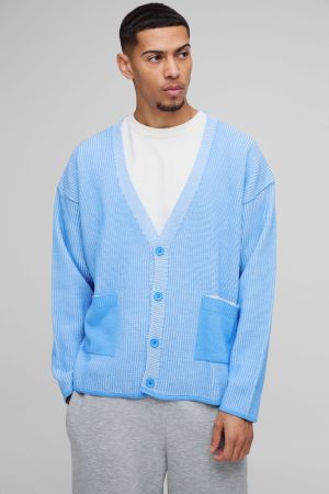 Oversized Boxy Dropped Shoulder Plated Ribbed Knitted Cardigan