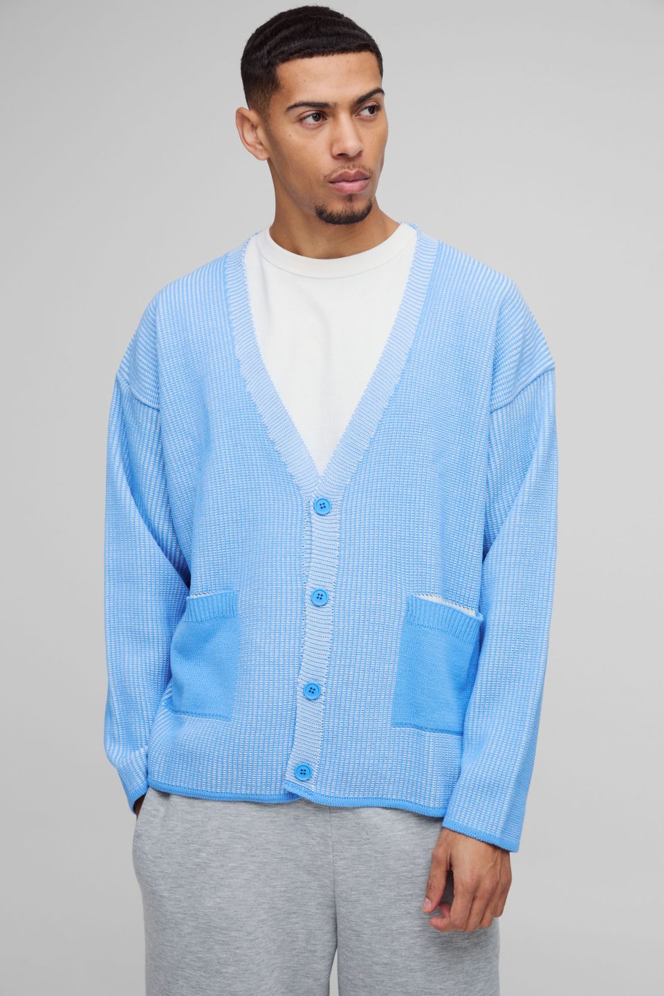 Oversized Boxy Dropped Shoulder Plated Ribbed Knitted Cardigan