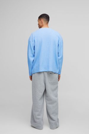 Oversized Boxy Dropped Shoulder Plated Ribbed Knitted Cardigan