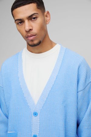 Oversized Boxy Dropped Shoulder Plated Ribbed Knitted Cardigan