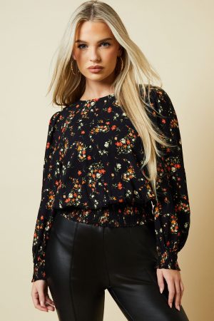 Petite Red Ditsy Shirred Hem Top