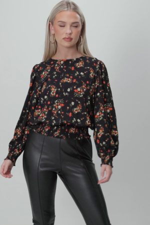 Petite Red Ditsy Shirred Hem Top