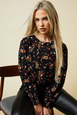 Petite Red Ditsy Shirred Hem Top