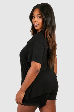 Plus Peached Button Front Lace Detail Pj Short Set