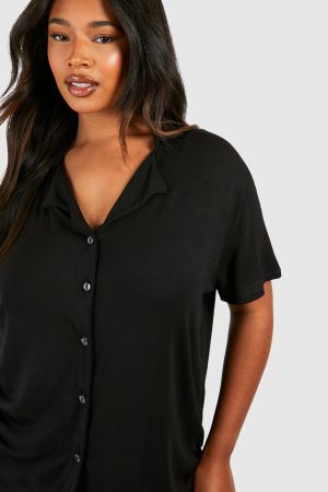 Plus Peached Button Front Lace Detail Pj Short Set