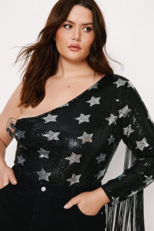 Plus Size One Shoulder Star Sequin Fringe Bodysuit