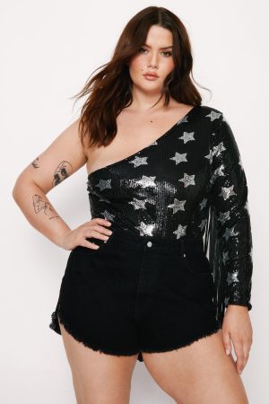 Plus Size One Shoulder Star Sequin Fringe Bodysuit