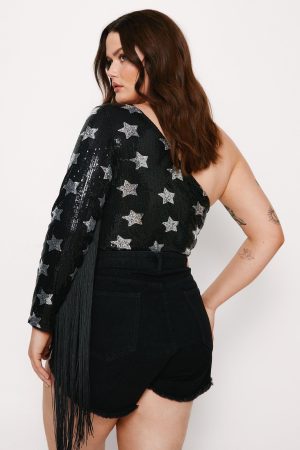 Plus Size One Shoulder Star Sequin Fringe Bodysuit
