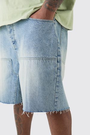 Plus Raw Hem Rigid Denim Carpenter Shorts In Light Wash