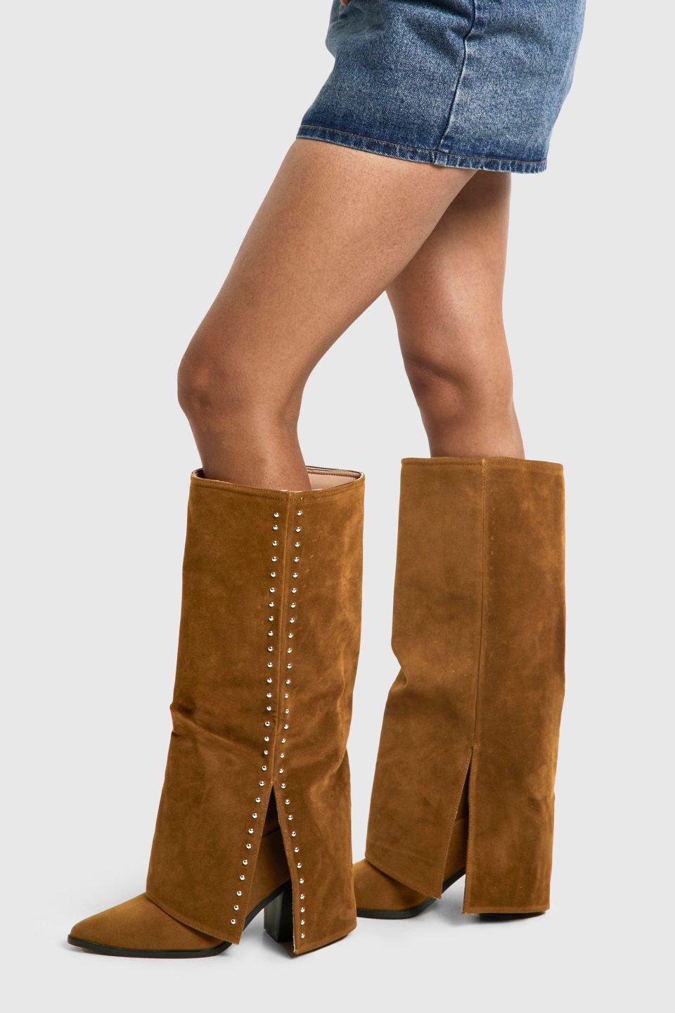 Faux Suede Studded Detail Fold Over Distressed Western Boot