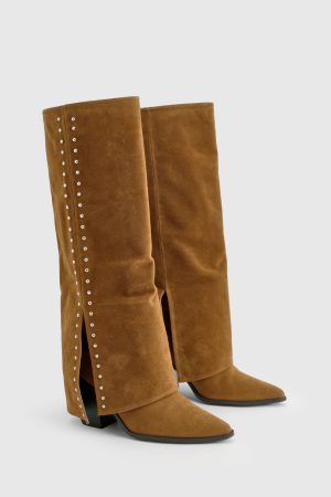 Faux Suede Studded Detail Fold Over Distressed Western Boot