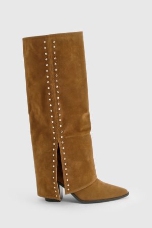 Faux Suede Studded Detail Fold Over Distressed Western Boot
