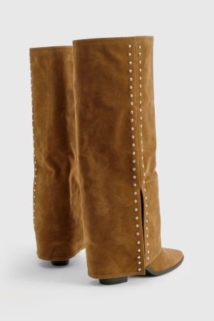 Faux Suede Studded Detail Fold Over Distressed Western Boot