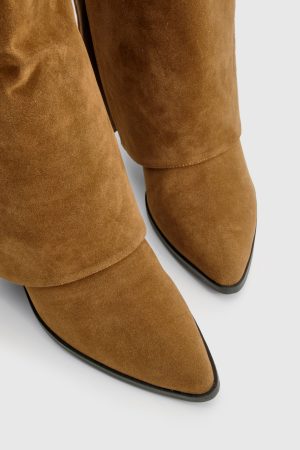 Faux Suede Studded Detail Fold Over Distressed Western Boot