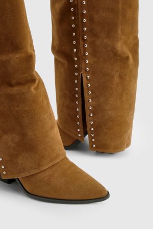 Faux Suede Studded Detail Fold Over Distressed Western Boot
