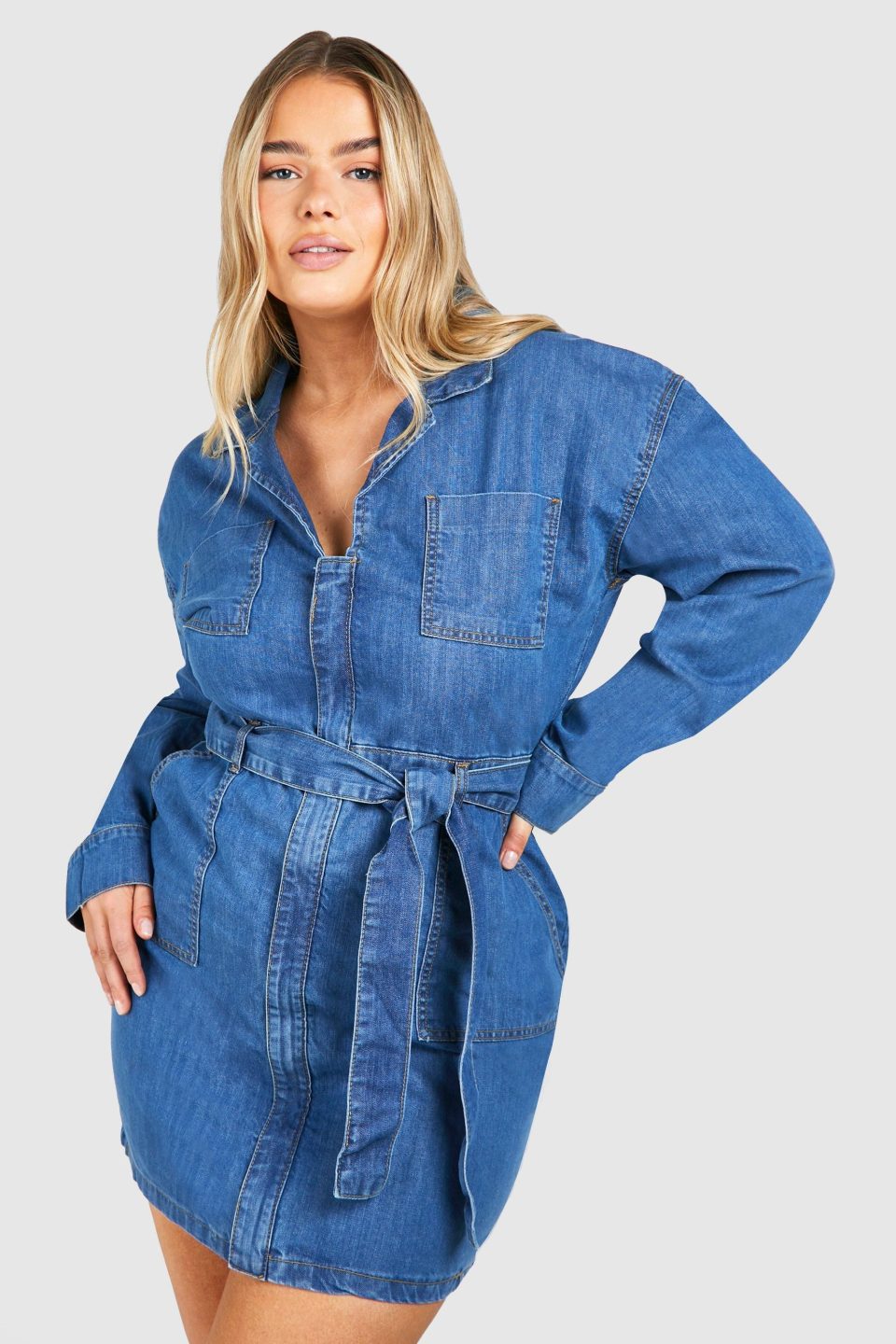 Plus Denim Pocket Tie Belt Dress
