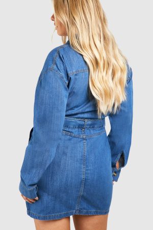 Plus Denim Pocket Tie Belt Dress