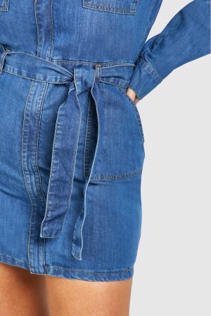 Plus Denim Pocket Tie Belt Dress