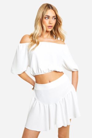 Hammered Volume Sleeve Bardot & Mini Skirt