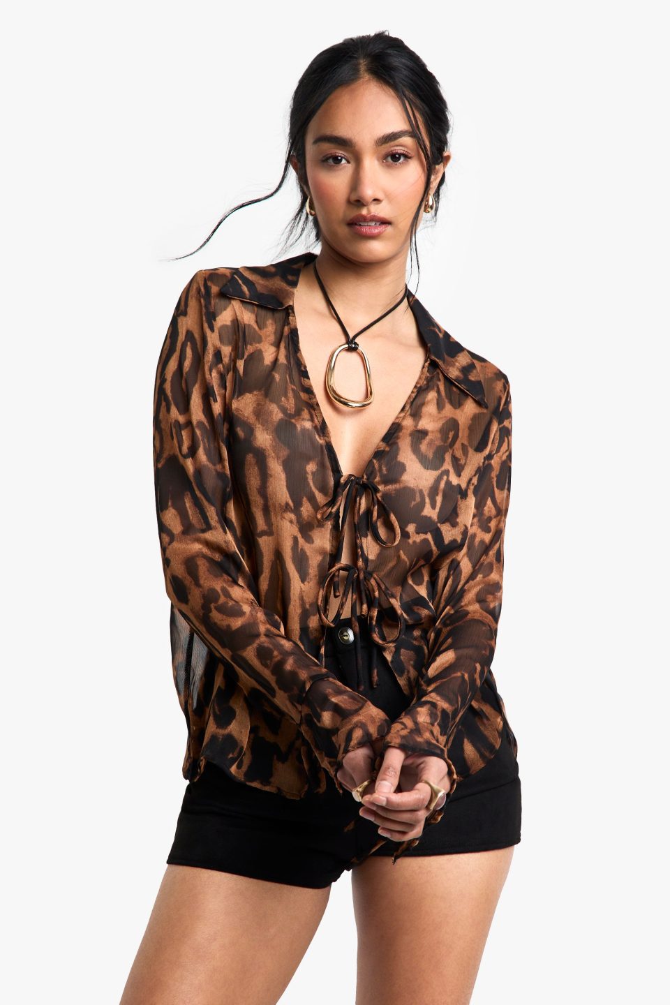 Leopard Printed Woven Long Sleeve Collared Top with Tie Front Detail