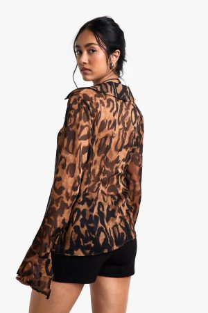 Leopard Printed Woven Long Sleeve Collared Top with Tie Front Detail