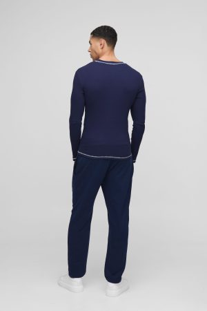 Muscle Contrast Stitch Long Sleeve Rib T-Shirt