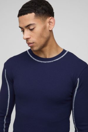 Muscle Contrast Stitch Long Sleeve Rib T-Shirt