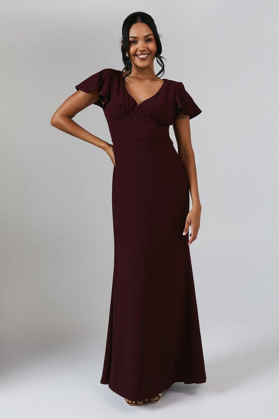 Angel Sleeve Corset Detail Crepe Bridesmaid Maxi Dress