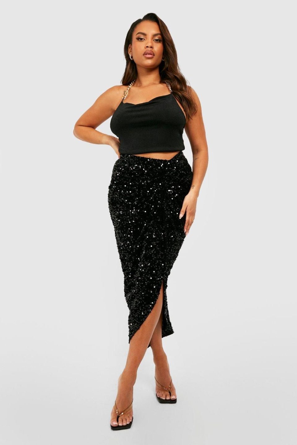 Plus Sequin Ruched Front And Back Midi Skirt