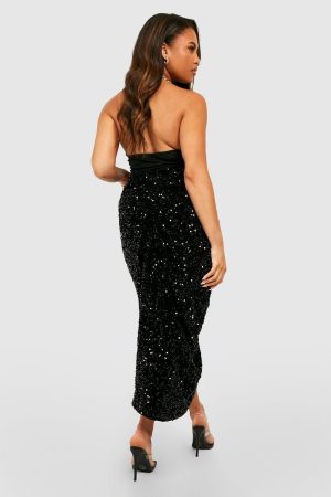 Plus Sequin Ruched Front And Back Midi Skirt