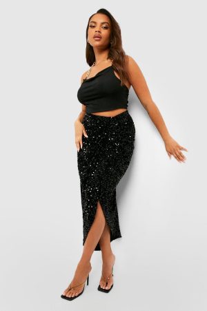 Plus Sequin Ruched Front And Back Midi Skirt