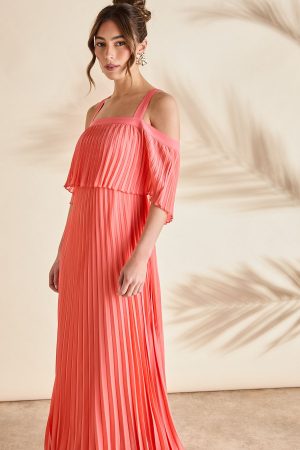 Pleated Off The Shoulder Midi Dress