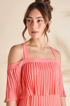 Pleated Off The Shoulder Midi Dress