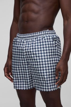 Houndstooth Printed Mid Length Swim Short
