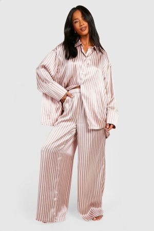 Petite Stripe Satin Long Sleeve Shirt & Trousers Pyjama Set