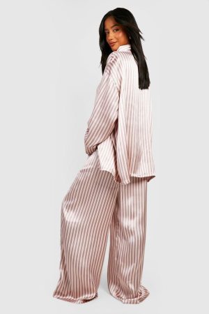 Petite Stripe Satin Long Sleeve Shirt & Trousers Pyjama Set
