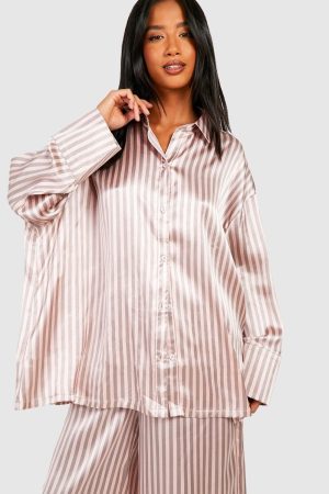 Petite Stripe Satin Long Sleeve Shirt & Trousers Pyjama Set