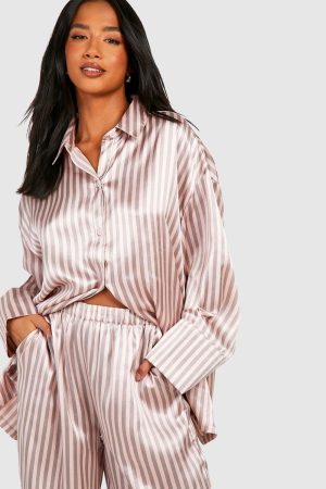 Petite Stripe Satin Long Sleeve Shirt & Trousers Pyjama Set