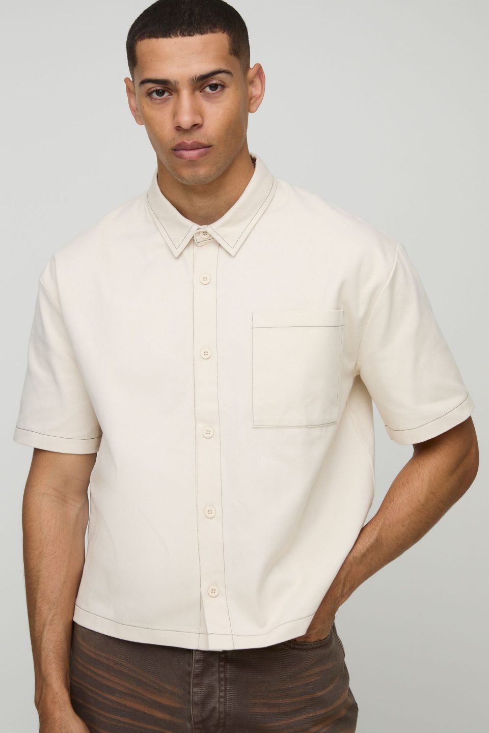 Oversized Boxy Contrast Stitch Twill Shirt